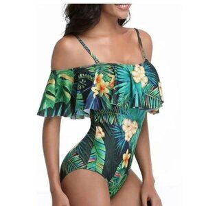 NWOT Women's One Piece Tropical Off Shoulder Ruffle Swimsuit Size XL
